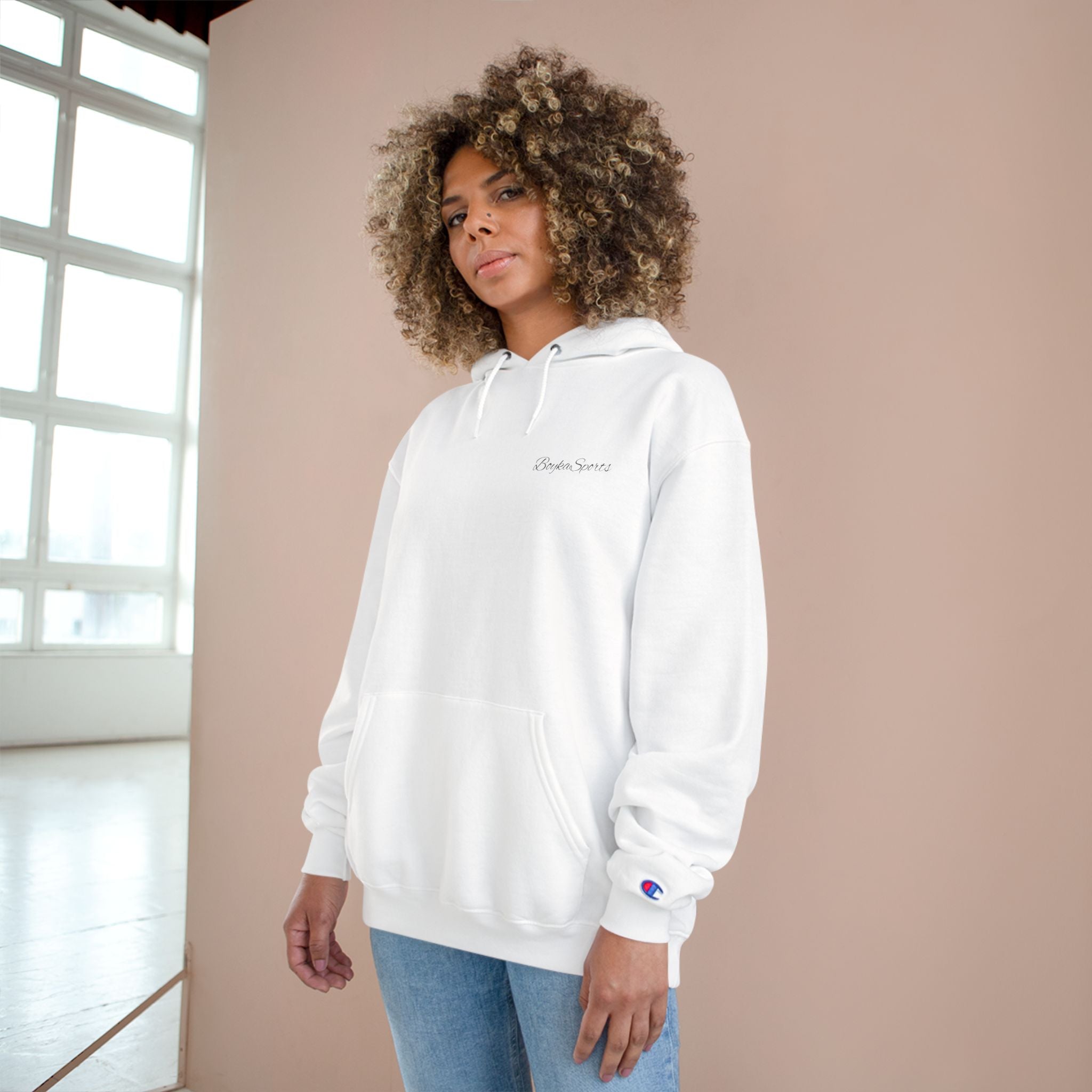 Minimalist White Champion Hoodie — Subtle Script Logo Pullover